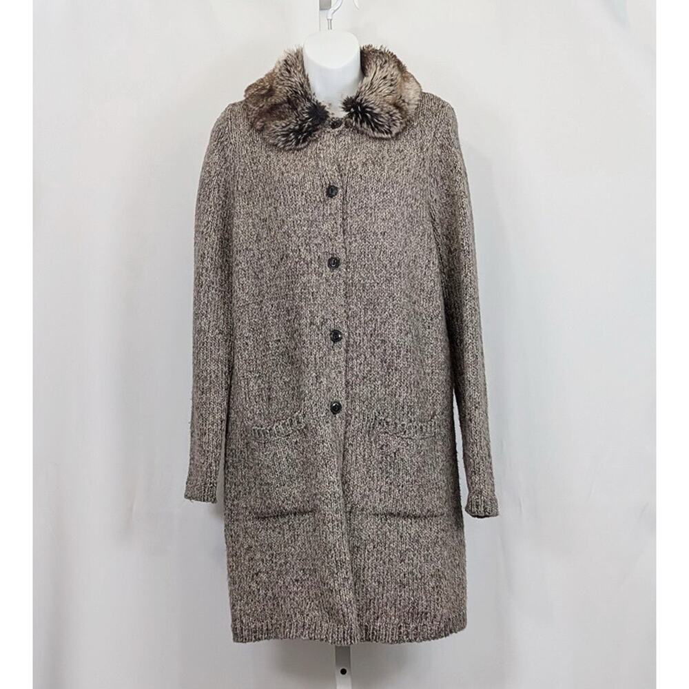 J.Jill Cardigan Sweater Brown Marled Knit Faux Fur Collar Long Women's Size XS